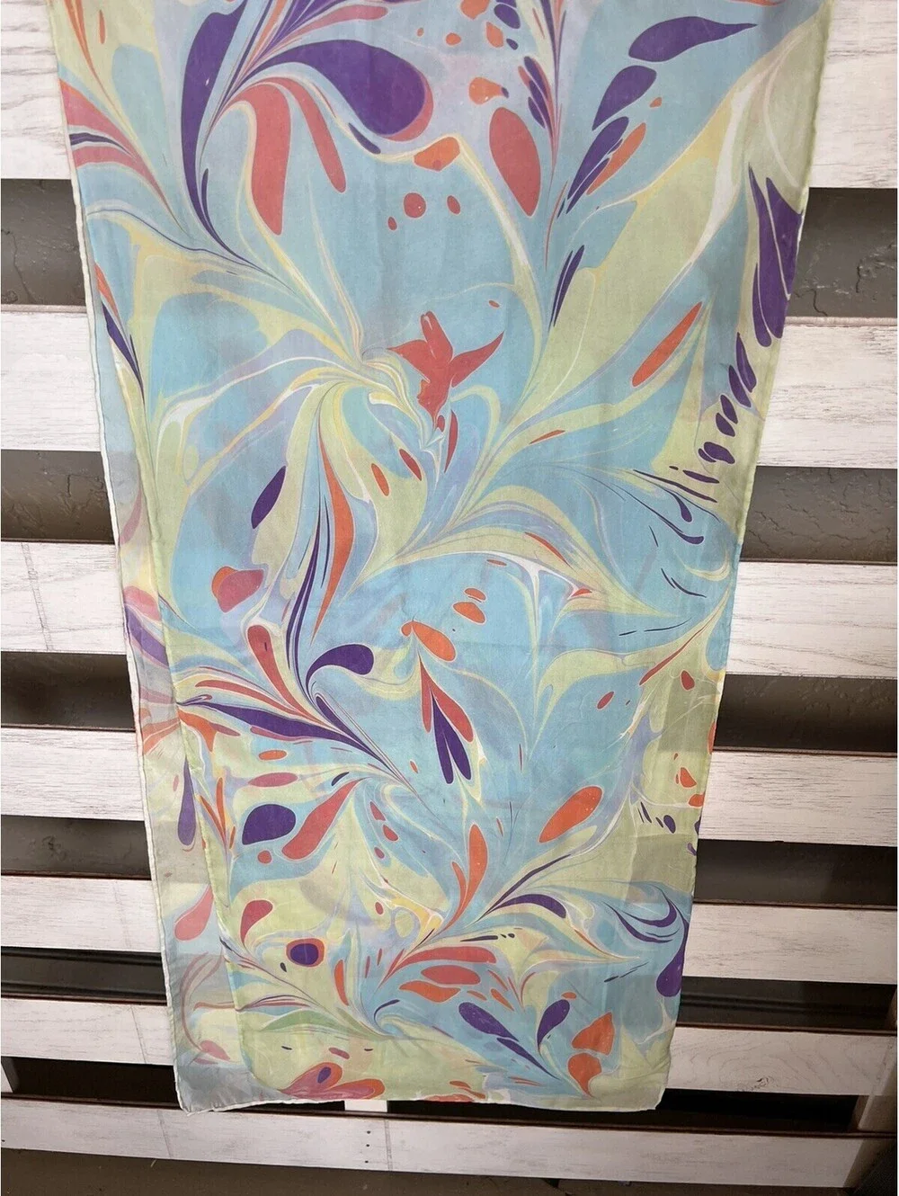 Women's Silk Rectangle Pastel Blue Orange Scarf Size 68”x14”
